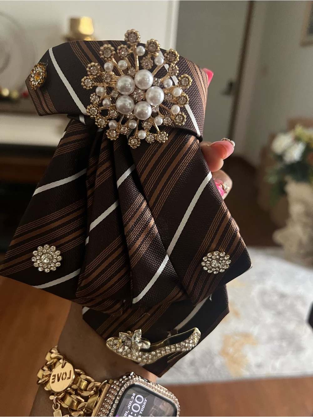Gold & Pearl Floral Brooch Pin with Brown Striped Ribbon